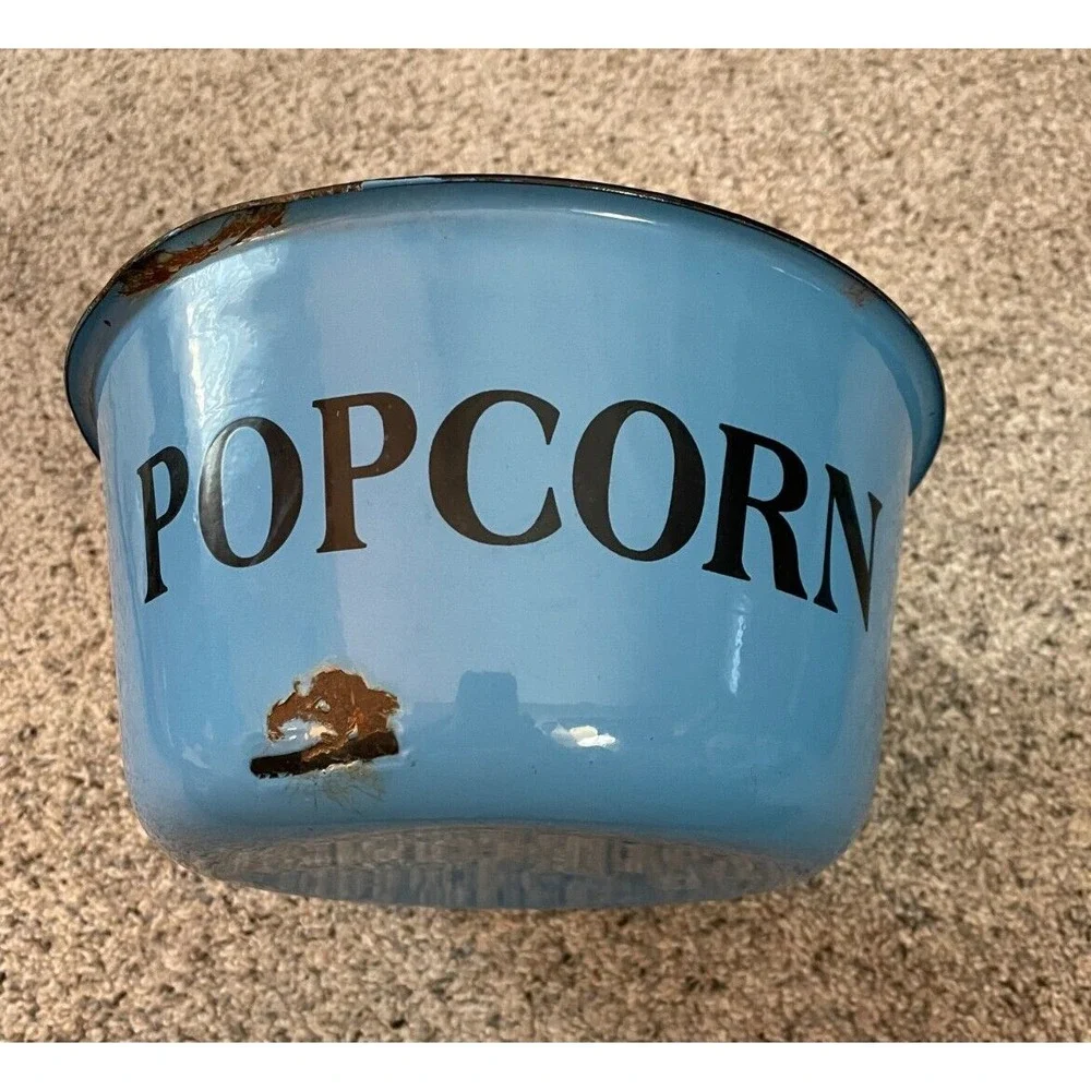 enamel popcorn pan blue Vtg